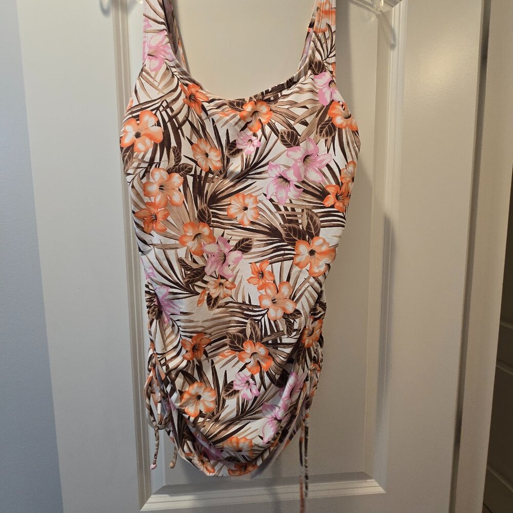 COPY - Lands' End Women One Piece Skirted Swim Pink Orange Brown Floral Print 10